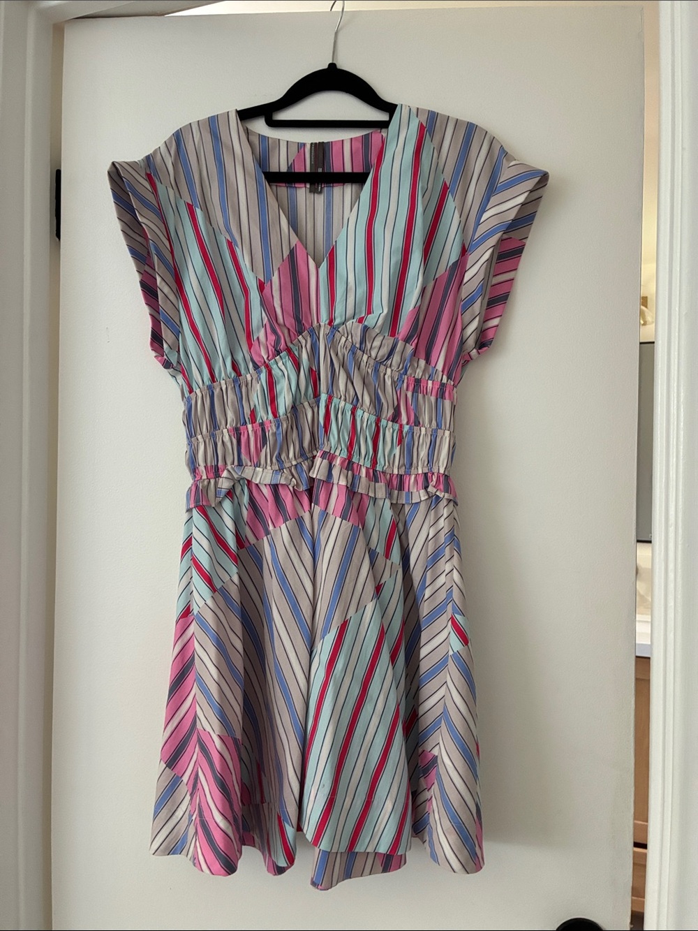 Anthropologie Striped Smocked-Waist Mini Dress - Pink, Blue & Cream